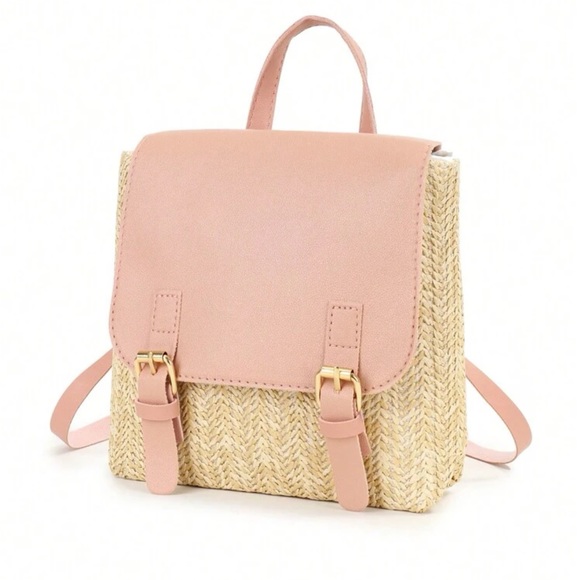 Boho Vegan Leather Straw Buckle Mini Back Pack - Picture 7 of 9